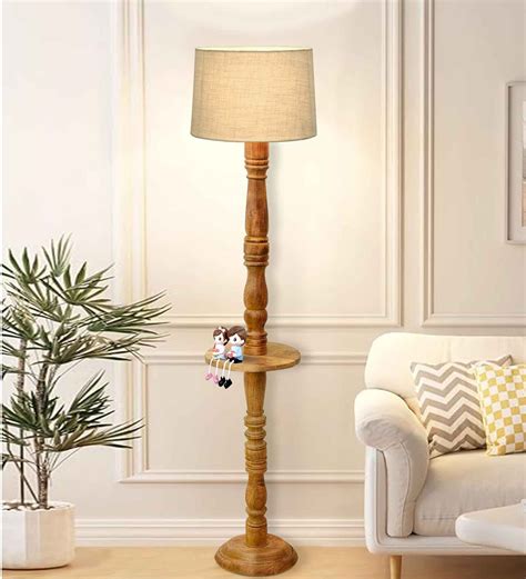 Buy Rustic Wood Floor Lamp, Walnut Brown with Multicolor Fabric Shade ...