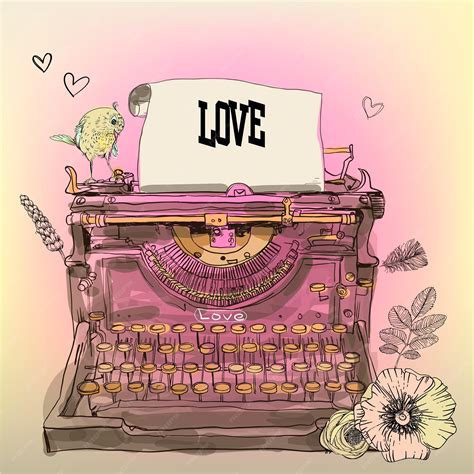 Vintage vector typewriter with flowers and bird | Premium Vector
