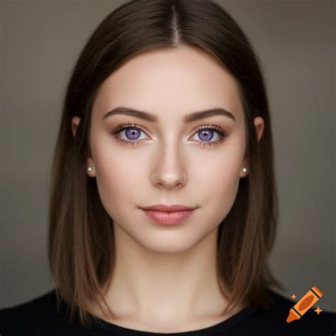 Headshot of a young woman with brown hair and purple eyes. on Craiyon