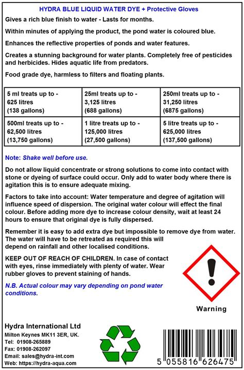 HYDRA LIQUID BLUE DYE 1 litre treats UpTo 125,000 litres Concentrated ...