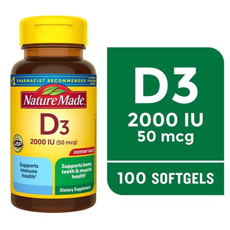 Nature Made Vitamin D3 2000 IU (50 mcg) Softgels, Dietary Supplement ...
