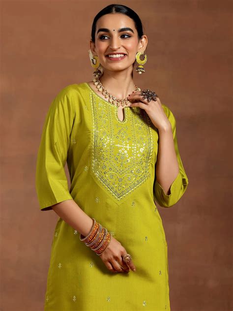 Buy Lime Green Embroidered Silk Blend Straight Kurta Set Online at Rs ...