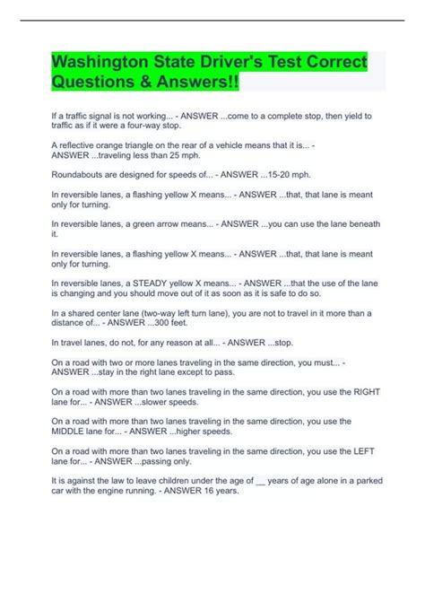 Washington State Driver's Test Correct Questions & Answers ...