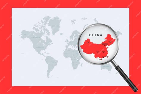 Карта Китая на политической карте мира с увеличительным стеклом | Премиум вектор