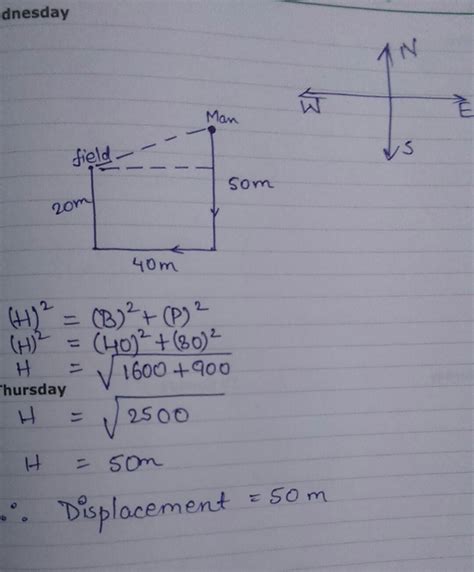 A man has to go 50 m due south, 40 m due west and 20 m due North to ...
