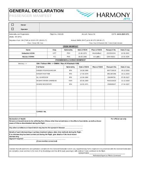 Passenger Manifest Declaration - Blank Fillable Template | Fill Out ...