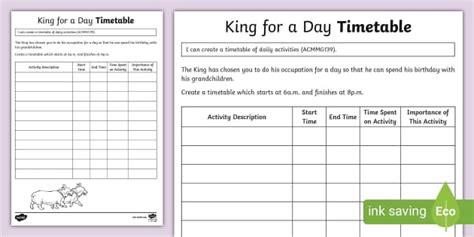 King for a Day Timetable Worksheet / Worksheet - Twinkl