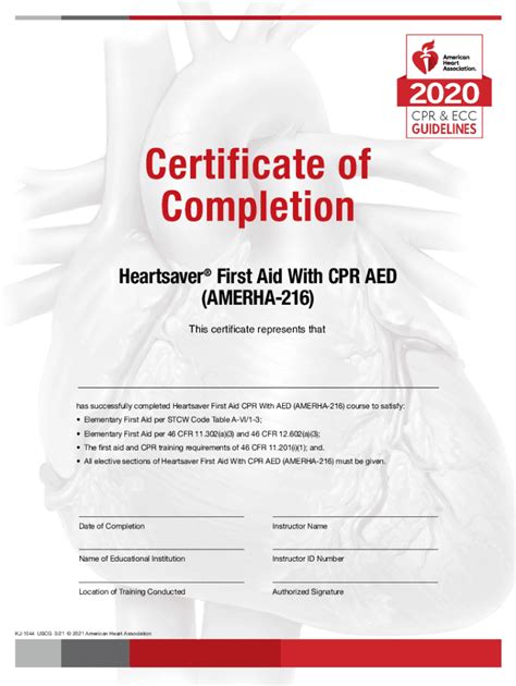 Heartsaver First Aid CPR AED Certificate - Blank Fillable Template ...
