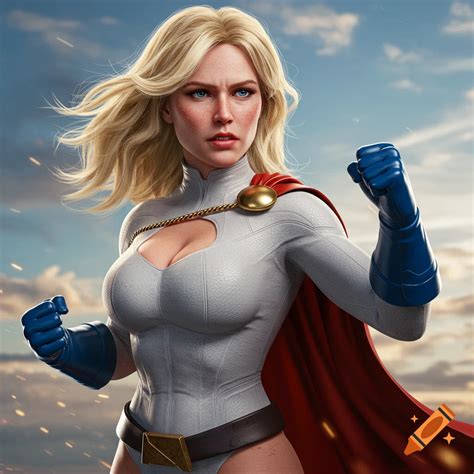 Digital portrait of Power Girl in costume posing against a sky ...