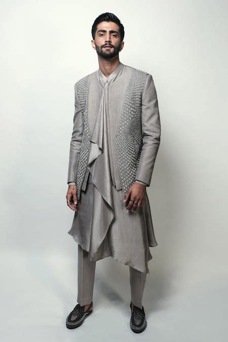 Buy Grey Satin Plain Ashlar Draped Kurta And Pyjama Set For Men by ...