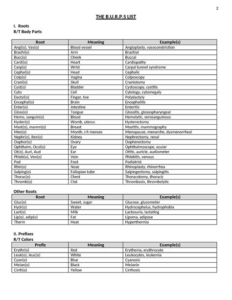 Medical Terminology - THE B.U.R.P LIST I. Roots R/T Body Parts Root ...