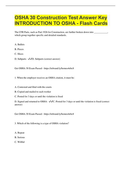 OSHA 30 Construction Test Answer Key INTRODUCTION TO OSHA - Flash Cards ...