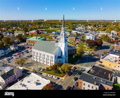 Woburn Common and City Hall aerial view in downtown Woburn ...