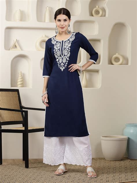 Navy Solid & Embroidered Rayon Straight Chicken Kurta – Trendphoria