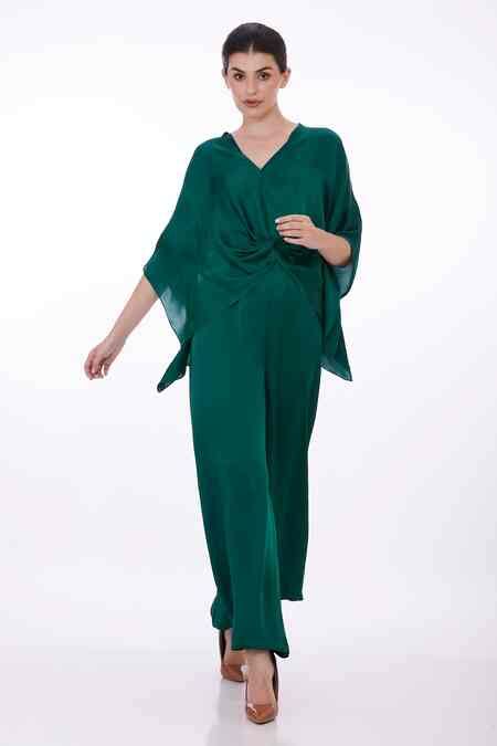 Buy Emerald Green Satin Plunge Neck Solid Draped Kaftan For Women by ...
