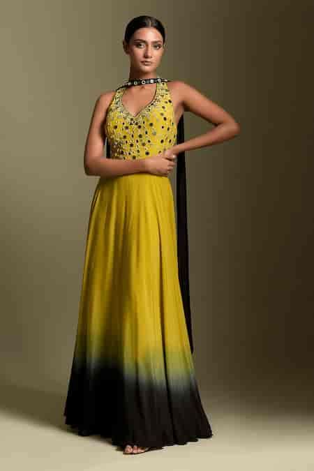 Buy Yellow Anarkali Crepe, Dupatta Georgette Mirror And Resham Work ...