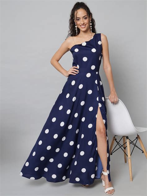 Emeros White Polka Navy Cocktail Partywear One Shoulder Maxi Dress