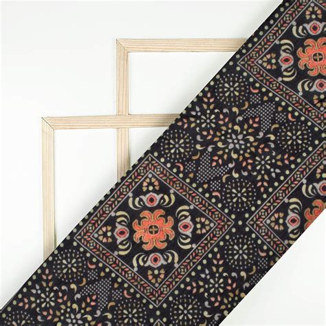Black And Coral Peach Ethnic Pattern Digital Print Viscose Muslin Fabr ...