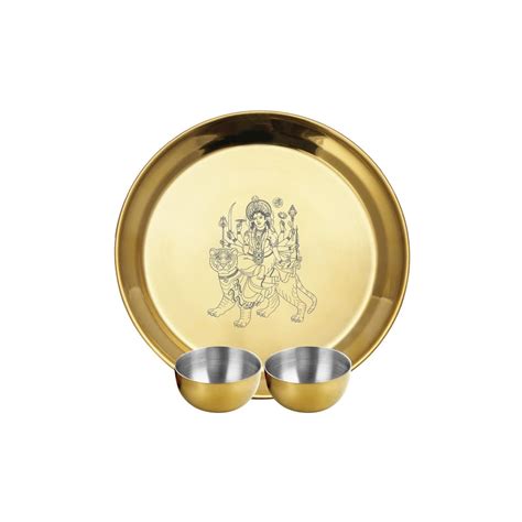 Shri & Sam Stainless Steel Pooja Thali Set with Gold PVD Coating Durga ...