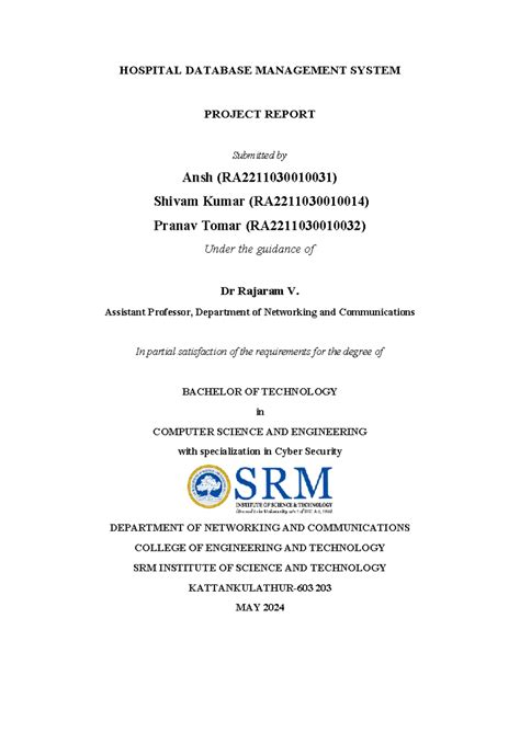 Hospital DBMS Project Report for B.Tech CSE - 21CSC205P - Studocu