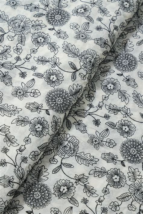 Beautiful Black Thread Floral Embroidery Work On Off White Pure Cotton