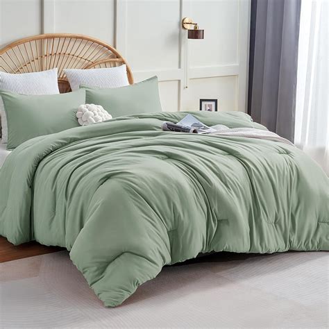 Amazon.com: CozyLux Sage Green Comforter Set Queen Size, 3 Pieces Solid ...