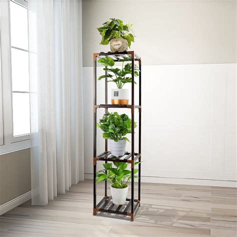 Buy 4-Tier Pine Wood Plant Stand Indoor Outdoor, Tall Plant Stand for ...