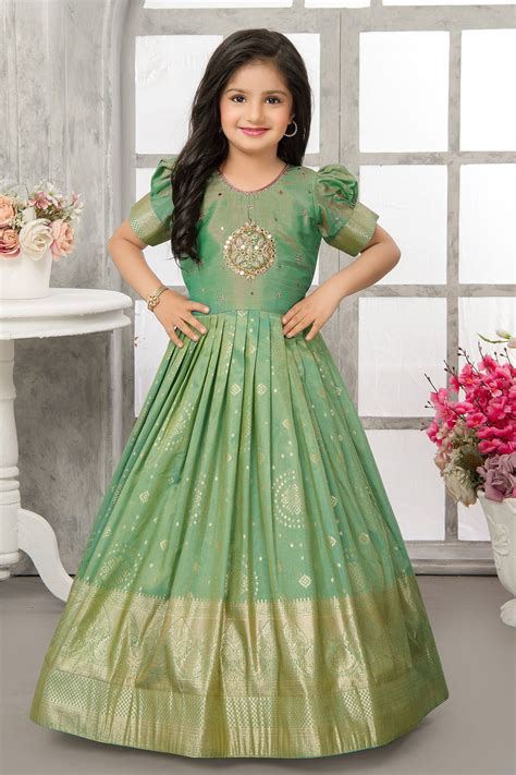 Green Stone, Mirror, Zardozi and Zari work Long Party Gown for Girls ...