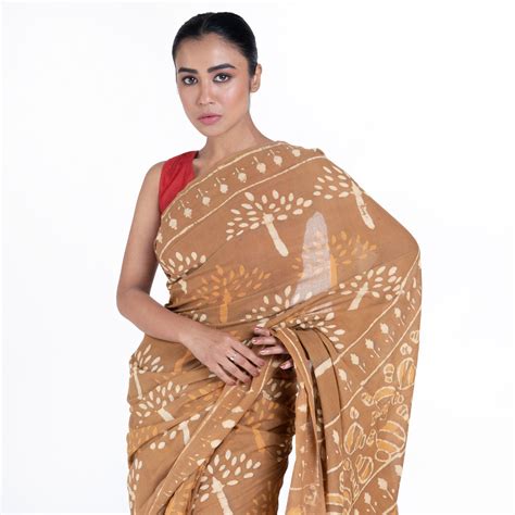 Sarees: Shop Handloom Cotton Saree Mustard bagru with tree print – Boveee
