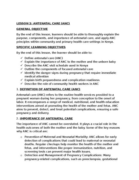 CH MNCH Lesson 2: Antenatal Care (ANC) Overview and Importance - Studocu