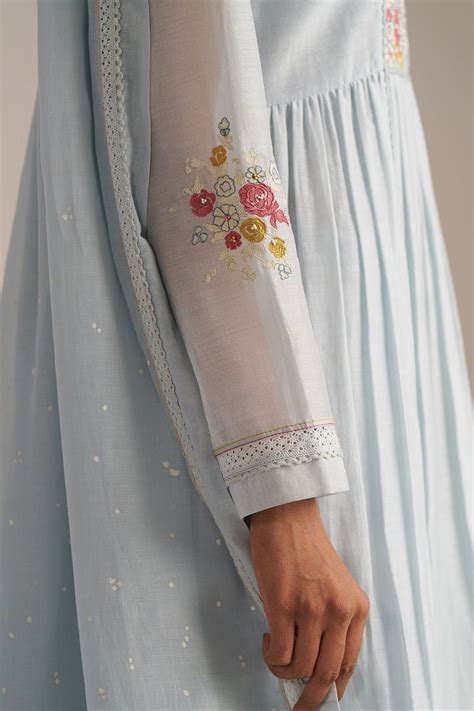 Chalk Blue Mul Chanderi Embroidered Kurta Set - Ganga Fashions