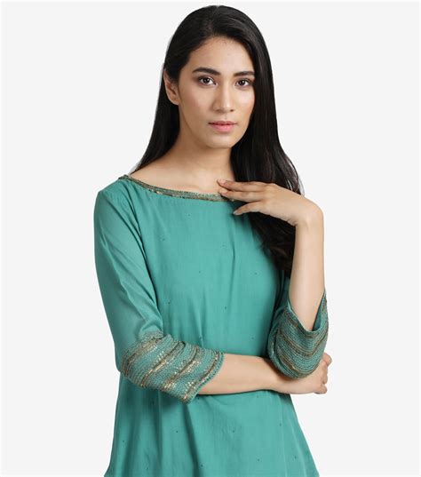 Green Cotton sequin kurta – Tulsi Online