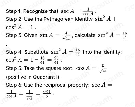Solved: Question Watch Video Show Examp Given sin A= 4/sqrt(41) and ...