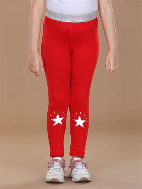 Girls Silver Elasticated Waistband & Star Printed Red Leggings – Stylestone