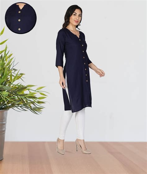 Fabclub Women Rayon Solid Plain Front Slit Straight Kurti (Navy Blue ...