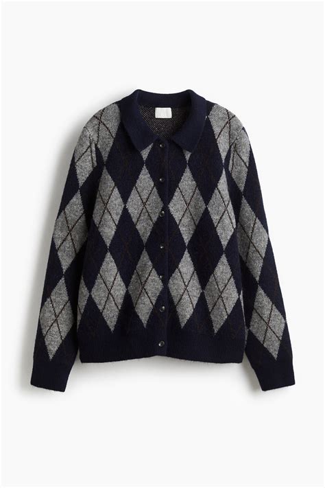 Collared cardigan - Navy blue/Argyle pattern - Ladies | H&M IN