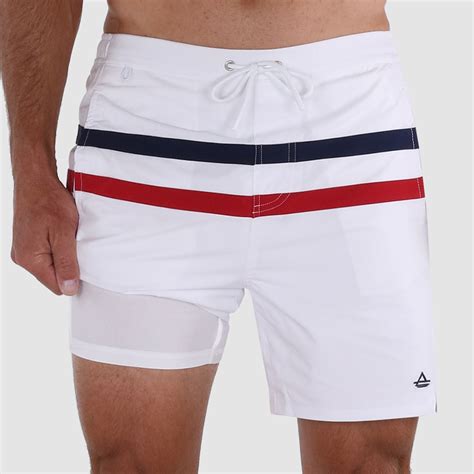 Men's Short 6" Inseam Swim Trunks with Compression Liner: White