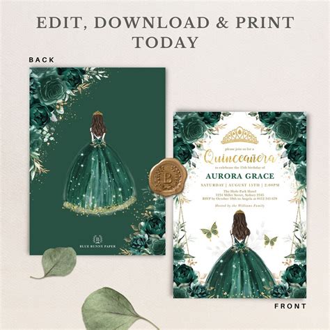 EDITABLE Quinceañera Invitation Emerald Green Gold Princess - Etsy India