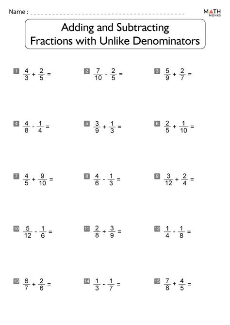 Image result for Adding and Subtracting Unlike Fractions Worksheet