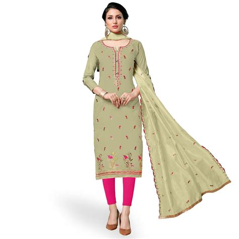 Opulent Pastel Green Colored Partywear Embroidered Cotton Dress Material