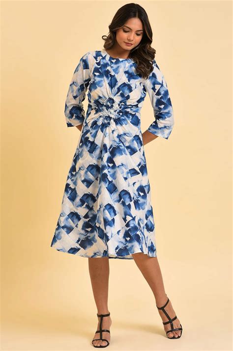 Buy Blue Geometrical Printed Dress With Decorative Smocking @ 2599 | W ...
