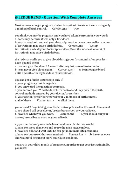 iPLEDGE REMS - Question With Complete Answers - REMS - Stuvia US