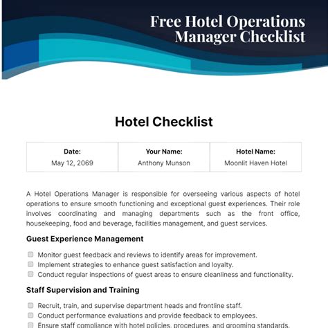 Free Hotel Operations Manager Checklist Template to Edit Online