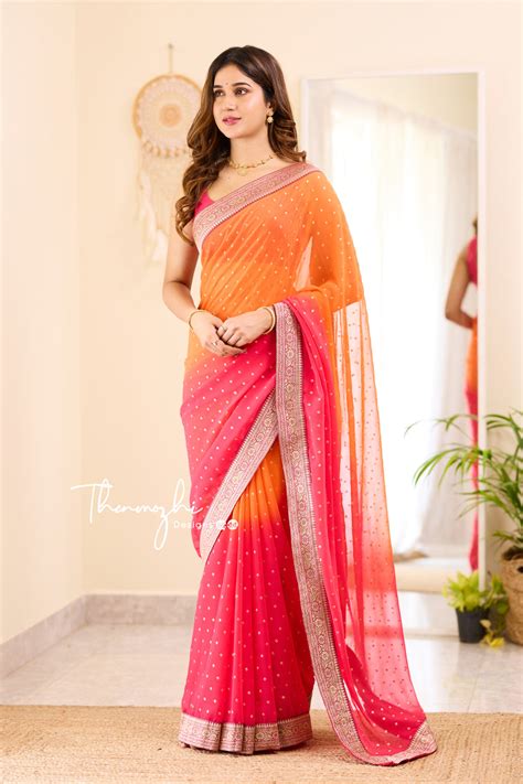 Shop Georgette Designer Sarees | Ombre Orange & Pink Saree | Get Now