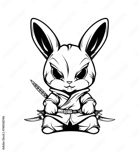 Black and white drawing of a fighter rabbit, ninja rabbit, cute cartoon ...