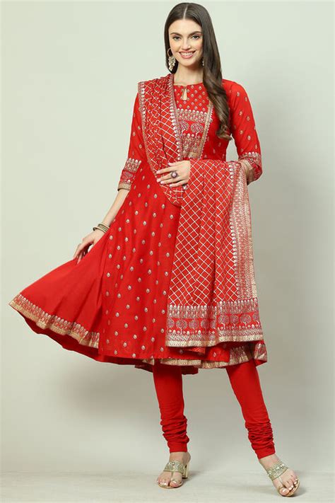 Red Art Silk Layered Kurta Churidar Suit Set