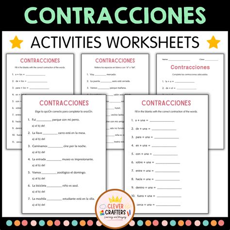 Contractions Grammar Worksheets in Spanish - Hojas de Trabajo de ...