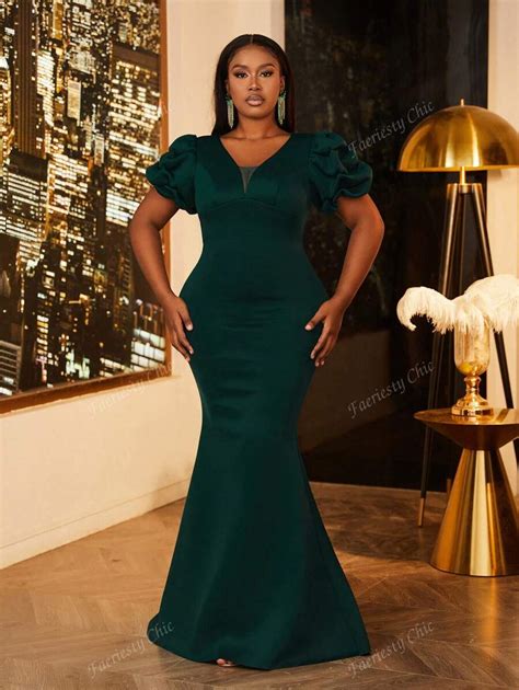 Faeriesty Elegant Plunging Neck Mermaid Hem Formal Prom Dress, Evening ...