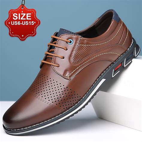 Men's Brown Leather Oxford Dress Shoes with Breathable Perforations and ...