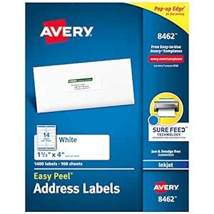 Avery 8462 White Ink Jet mailing Labels, 1-1/3 x 4, 1,400 per Box ...